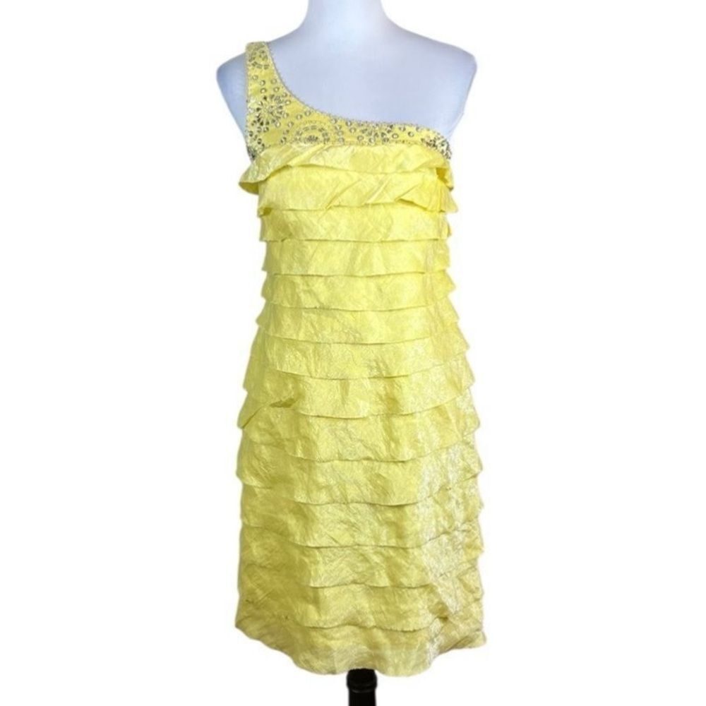 London Times Yellow‎ Tiered One Shoulder Cocktail Party Dress, Size 8
